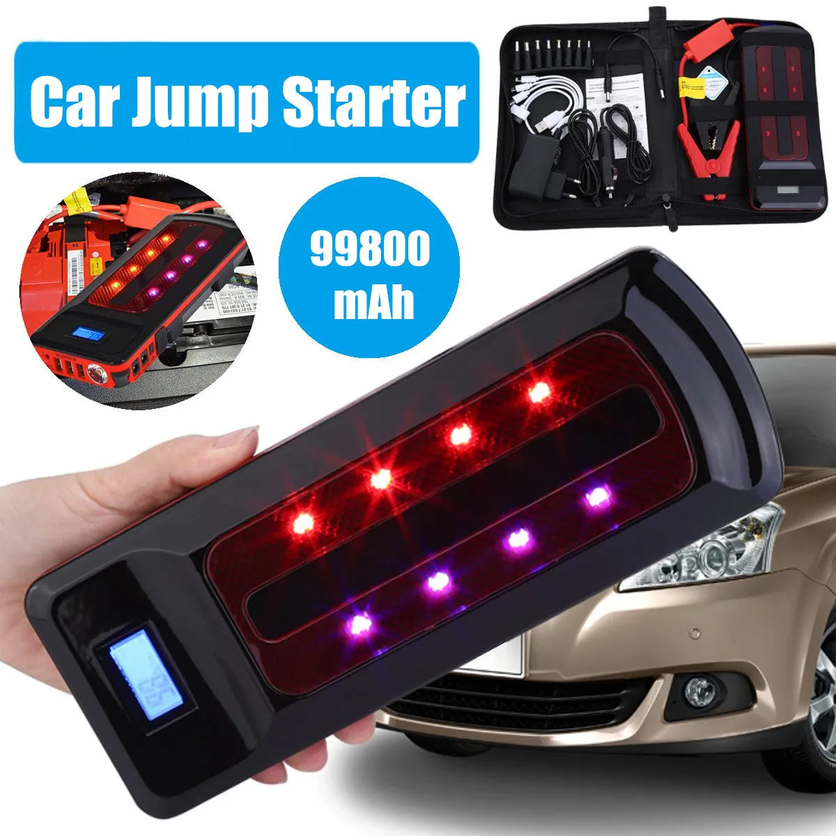 12V 99800mAh Portable Emergency Battery Charger Car Jump Starter Smart Clip Power Bank Starting Light Bar US/UK/AU/EU