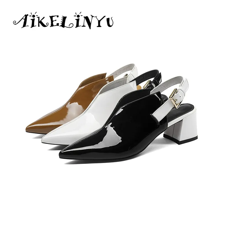 

AIKELINYU Black Patent Leather Handmade Sandals Lady Sharp Toe Square Heel Pumps Sexy Buckle Strap Classics Shoes Woman Elegant