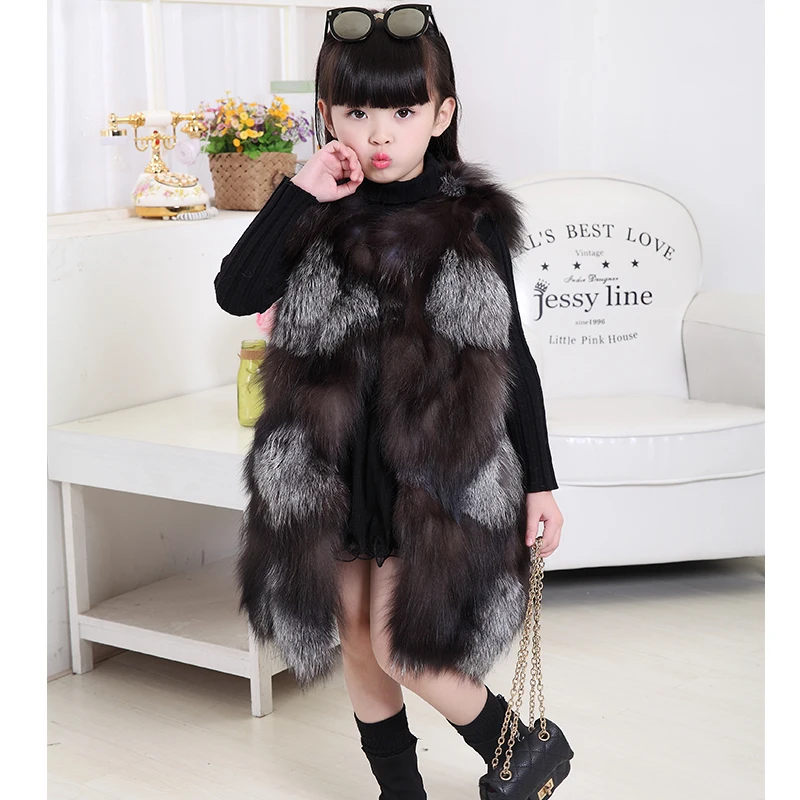 

New Children's Real Fox Fur Vest Baby Girls Autumn Winter Thick Warm Long Fox Fur Clothing Vest Kids SliverO-Neck Vests V#2
