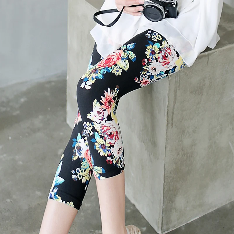 

Summer Floral Print Pants Capris Casual High Waist Women Stretch Skinny Summer Calf-length Pencil Pants