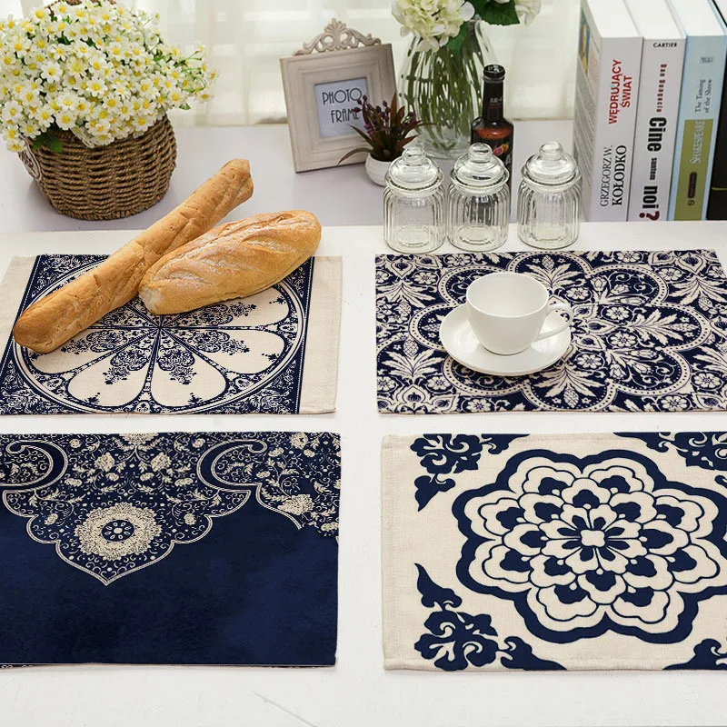 1Pcs Blue and white porcelain Pattern Placemat Dining Table Mat Tea Coaster Cotton Linen Pad Cup Mats 42*32cm Home Decor MC0034 | Дом и сад