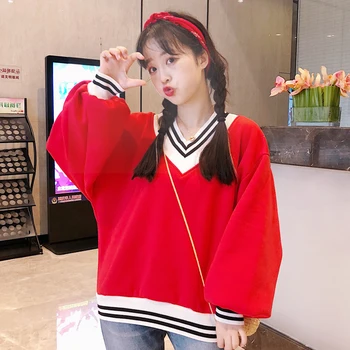 

#1208 Spring Autumn Sweatshirt Women Round Neck Lantern Sleeve Student V-neck Short Sweatshirt Harajuku Plus Size Red Pink Black