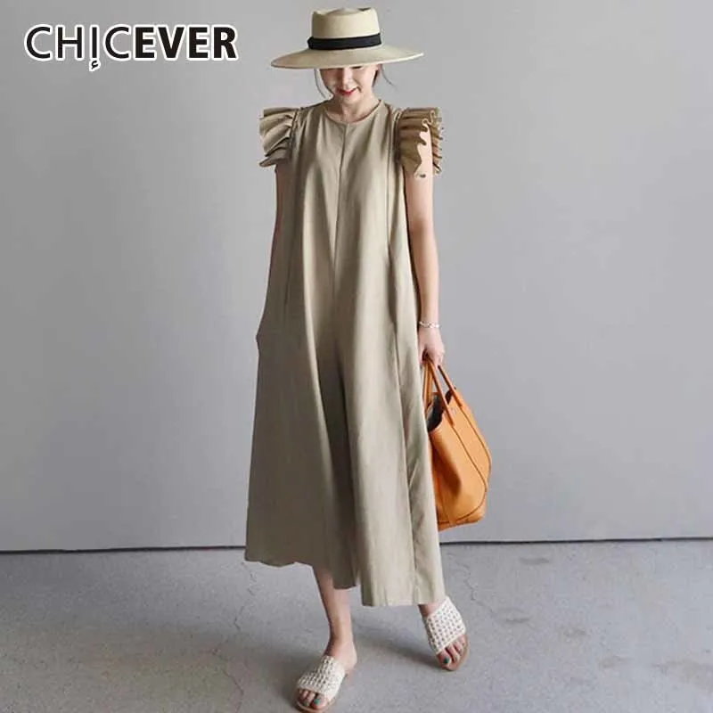 

CHICEVER Pleated Ruffles Jumsuit For Women 2019 O Neck Sleeveless Loose Big Size Casual Wide Legs Jumpsuits Korean Fashion Tide