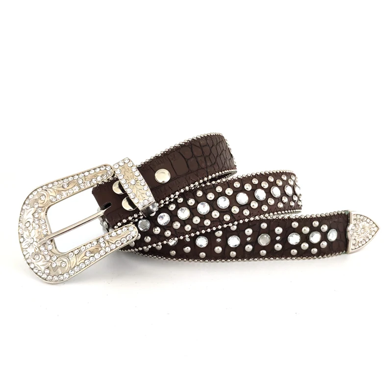Cinturón occidental de piel sintética para mujer, hebilla grande Vintage,  conchos con flores de metal, remaches de diamantes de imitación, decoración| Cinturones de mujer| - AliExpress