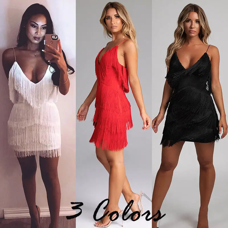 Women Summer Backless V-neck Tassels Mini Dress Evening Dance Party Beach Dresses Sundress