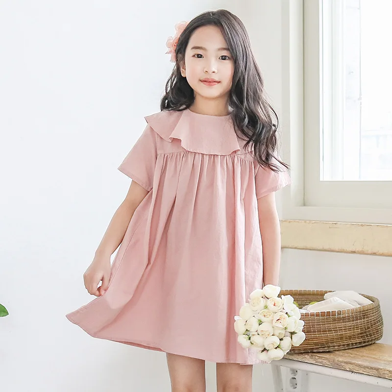 Простое розовое свободное платье в китайском стиле для девочек от 6 до 14 лет, платье с оборками с коротким рукавом для девочек-подростков летняя пляжная одежда детское платье