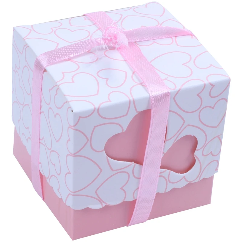 

50x Wedding Heart Shaped Candy Box Dragee + Pink Ribbon
