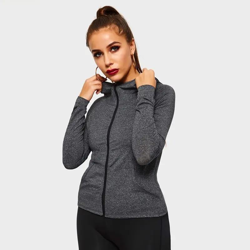 Women Casual Jackets Coat Sportswear Top Zipper Hooded Outerwear Ladies Fashion Gray Slim Quick