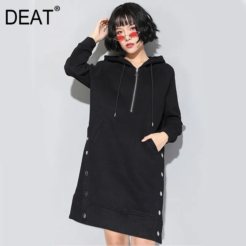 

[DEAT] 2019 New Spring Winter Hooded Long Sleeve Black Loose Side Vent Button Zipper Drawstring Dress Women Fashion Tide JL22
