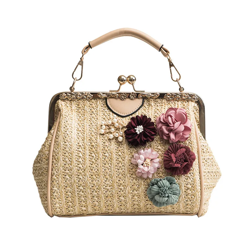 

Women Pearl Handbag Popular Female Summer Flower Straw Bag Lady Fashion Shoulder Bag Travel Beach Woven Crossbody Khaki