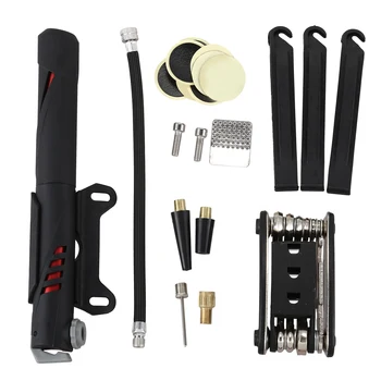 

bicycle repair set in bag, multitool & high-quality mini air pump and tire lever, self-adhesive patches incl, carefree package