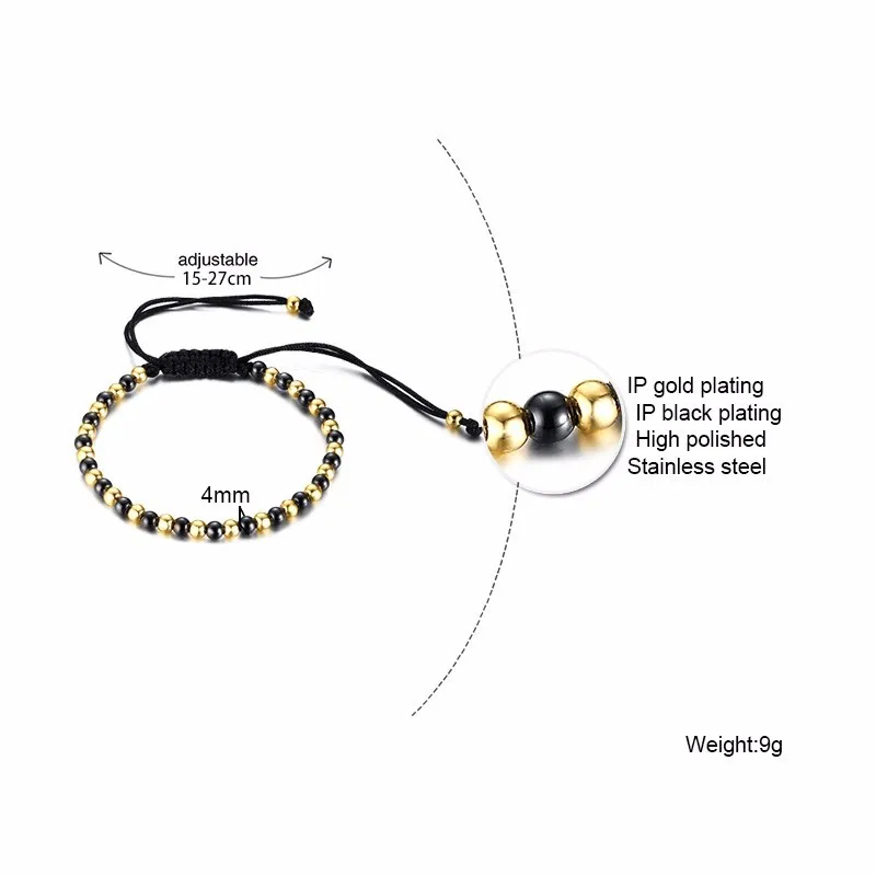 Vnox 4 мм тонкие бусины браслеты для женщин и мужчин Регулируемая длина Веревка Цепь из нержавеющей стали бусины Pulseira