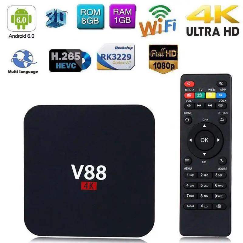 

EU Plug V88 4K Android 6.0 Smart TV BOX RK3229 Quad Core 1.5GHZ 1GB+8GB 1080P WIFI Media Player Set-top Box DC 5V 2A TV Receiver