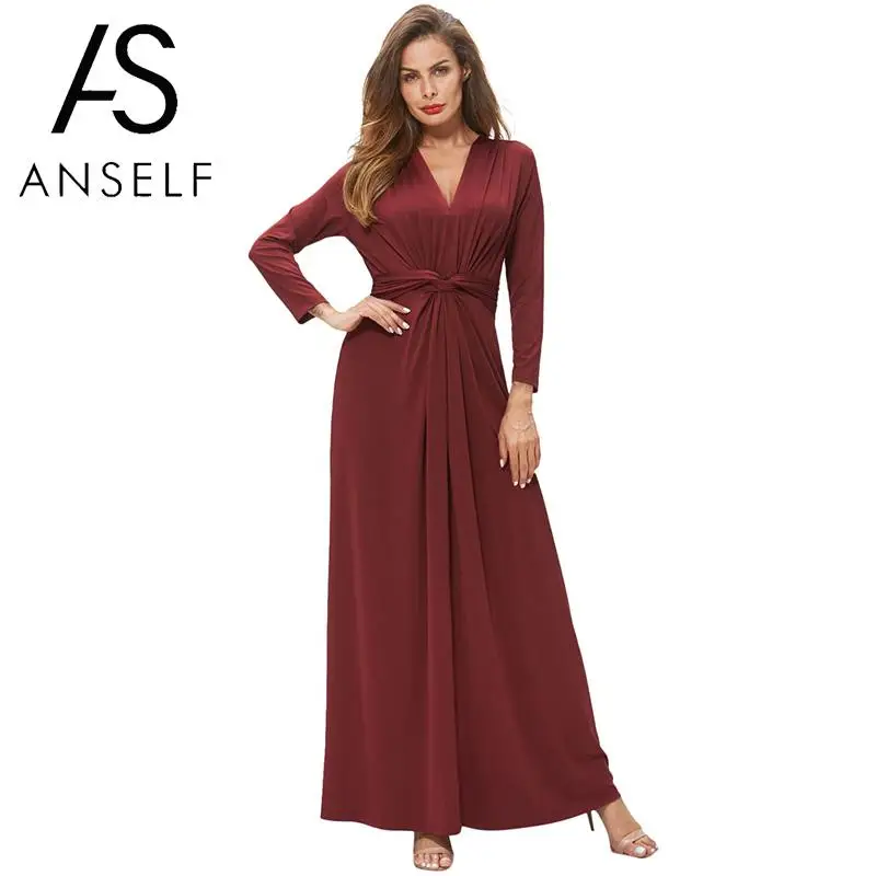 

Winter Sexy Women V Neck Maxi Dress Twist Knot Solid Color Long Sleeve Tunic Dress High Waist Party Long Dress Clothes 2019
