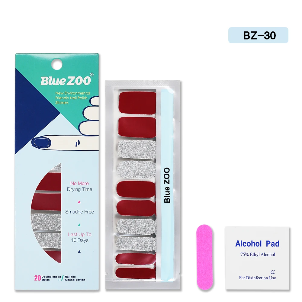 

Blue ZOO 20Pcs/Sheet Nail Polish Stickers with 1Pcs Nail File Solid Color Shine Full Wraps Nail Art Adhesive Decals