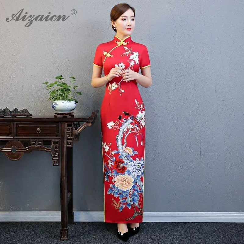 

2019 Spring Retro Cheongsam Long Printing Dresses Red Chinese Traditional Dress Qipao Oriental Evening Party Gown Robe Rouge