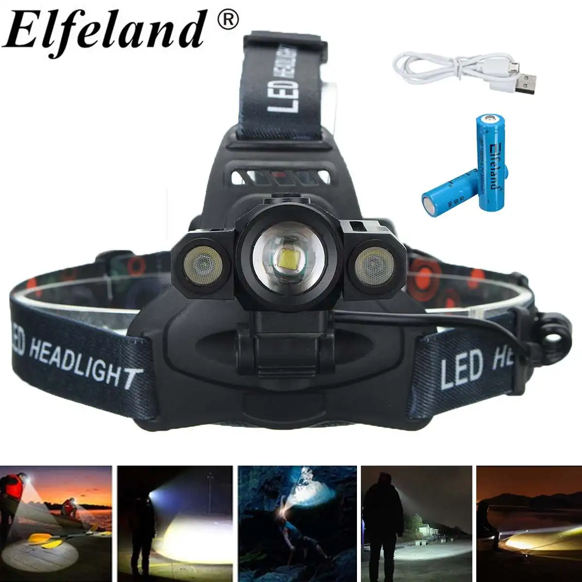 

2*18650 Built-in model 2713-C headlight T6 bulb push switch 4-speed rotary zoom usb interface with USB cable