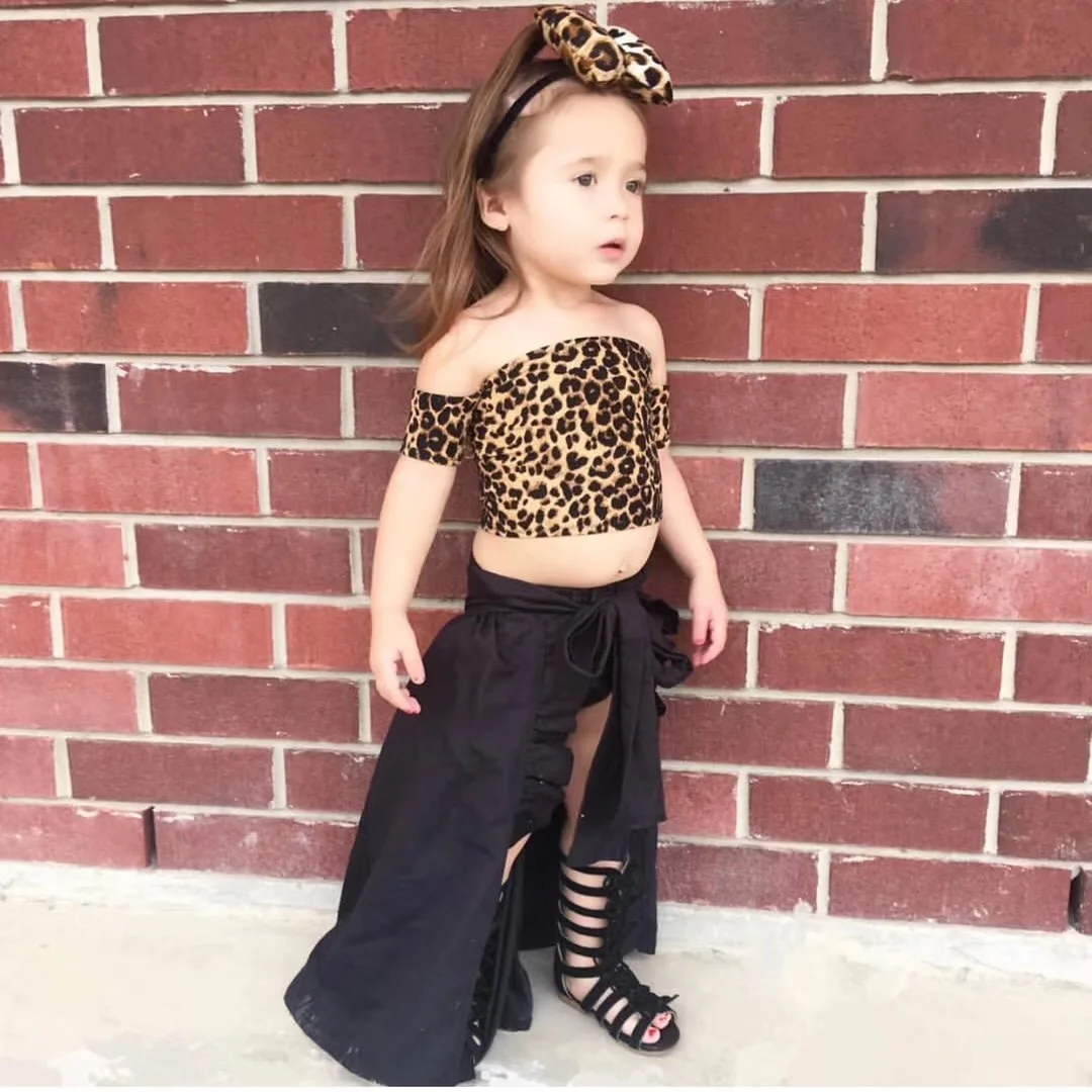 

2019 Summer Children Skirt Set T-shirt+pants+skirt+handband 4pcs in 1 Toddler Girl Leopard t-shirt Baby Girls Tail Skirt Ruffly