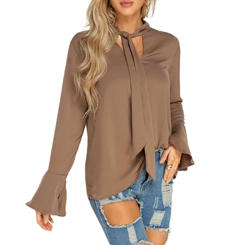 

2020 Autumn Female Chiffon Blouse Shirts Casual Loose Solid Color Stand Collar Bow Long Ruffles Sleeve Pullover Women Tops Shirt