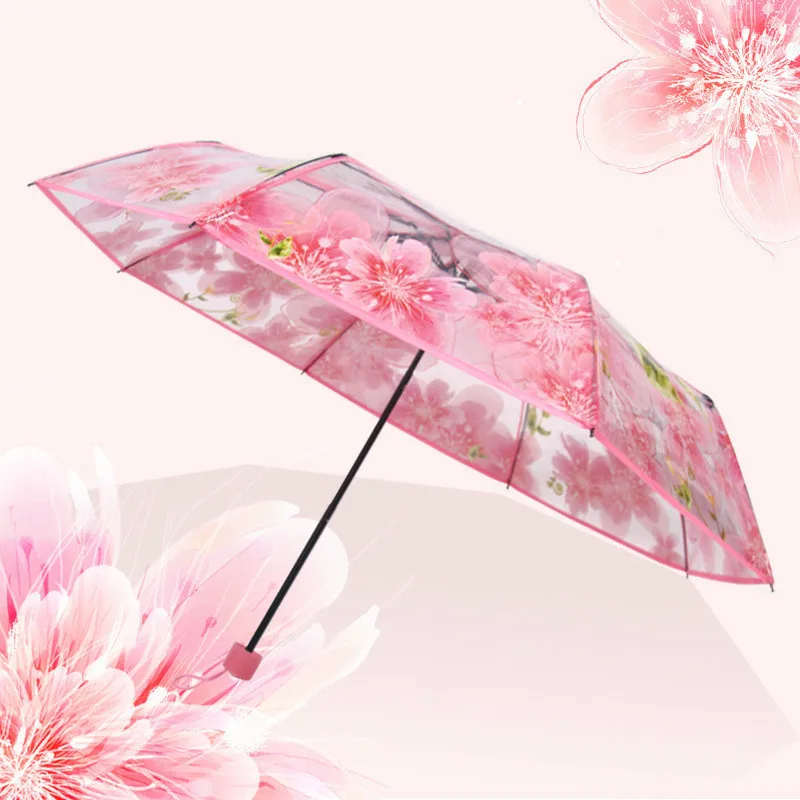 

Oloey Transparent Flower Cherry Blossoms Umbrella Rain Women And Men Three Folding 8k guarda chuva parapluie