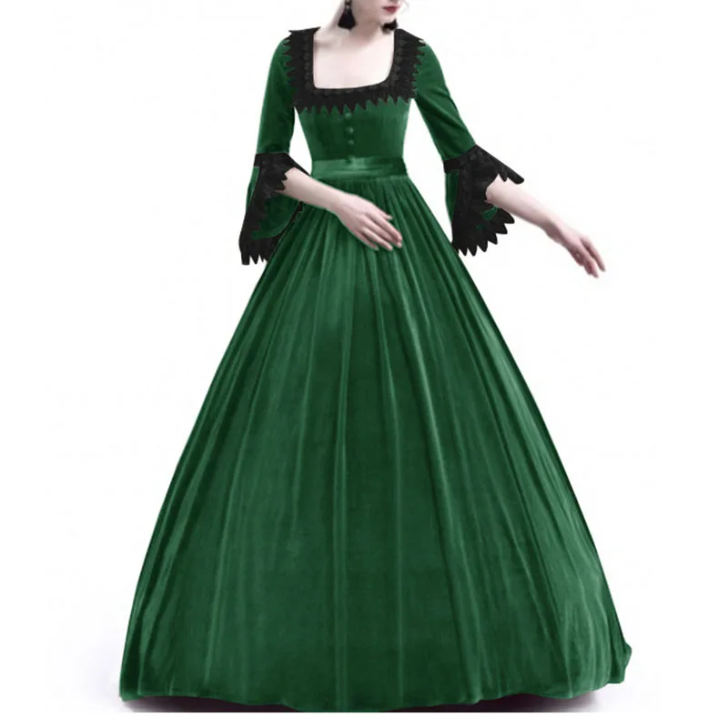 

Pleuche Women maxi dress long party clubwear cosplay Victorian Renaissance Costume Square Neck 3/4 Sleeve Medieval Dress vestido