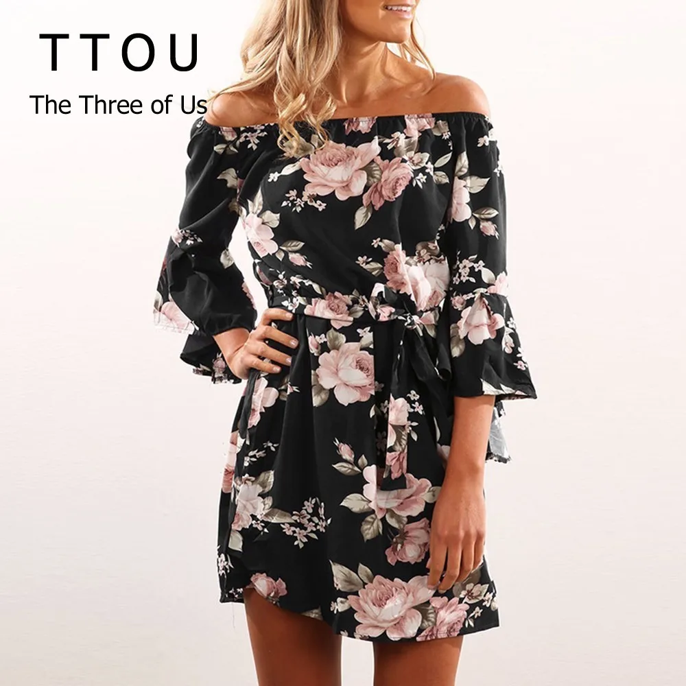 

TTOU Women Dress 2019 Summer Sexy Off Shoulder Floral Print Chiffon Dress Boho Style Short Party Beach Dress Vestidos de fiesta
