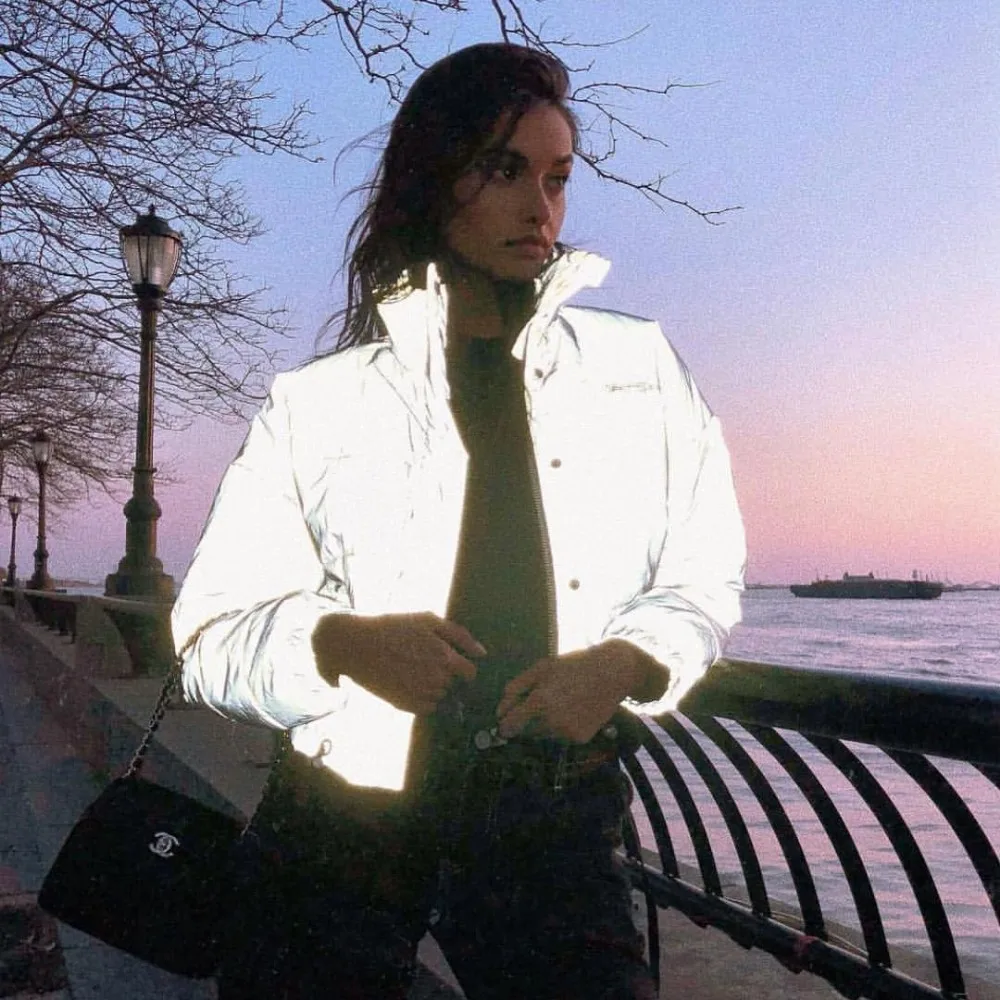 

Night Reflection Cropped Coat Solid Gray Zipper Hip Length Button Bubble Jackets Long Sleeve Cotton Slim Bolero For Women Coats