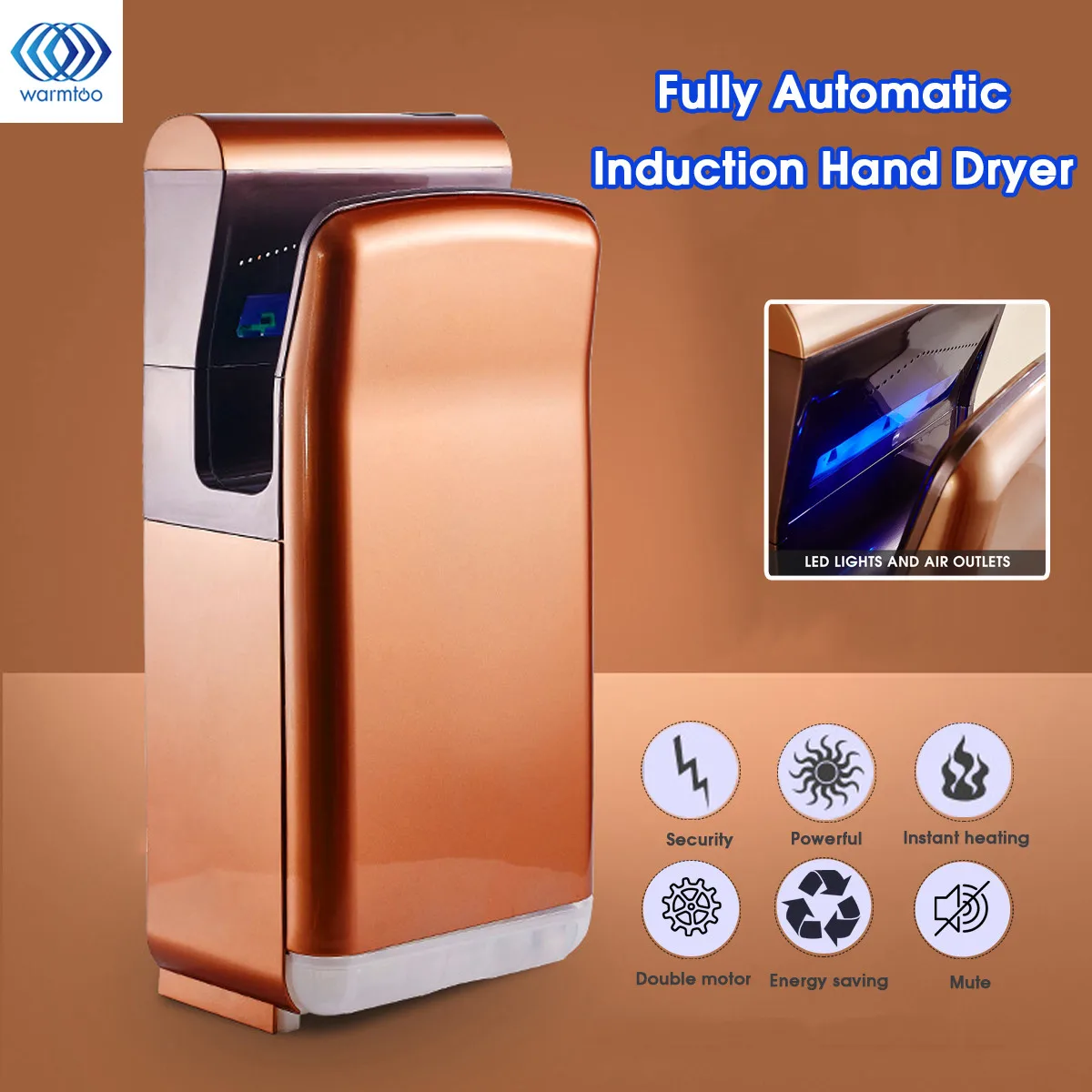 

Warmtoo 220V-240V Commercial Automatic Sensor High Speed Jet Hand Dryer Fast Velocity Machine Hand-Drying Device 30x19x65cm