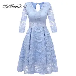 Vestido Fiesta Largo V шеи 3/4 рукава Линия Формальные Элегантные кружева Мини короткие женские вечерние платья Простые Вечерние платье для