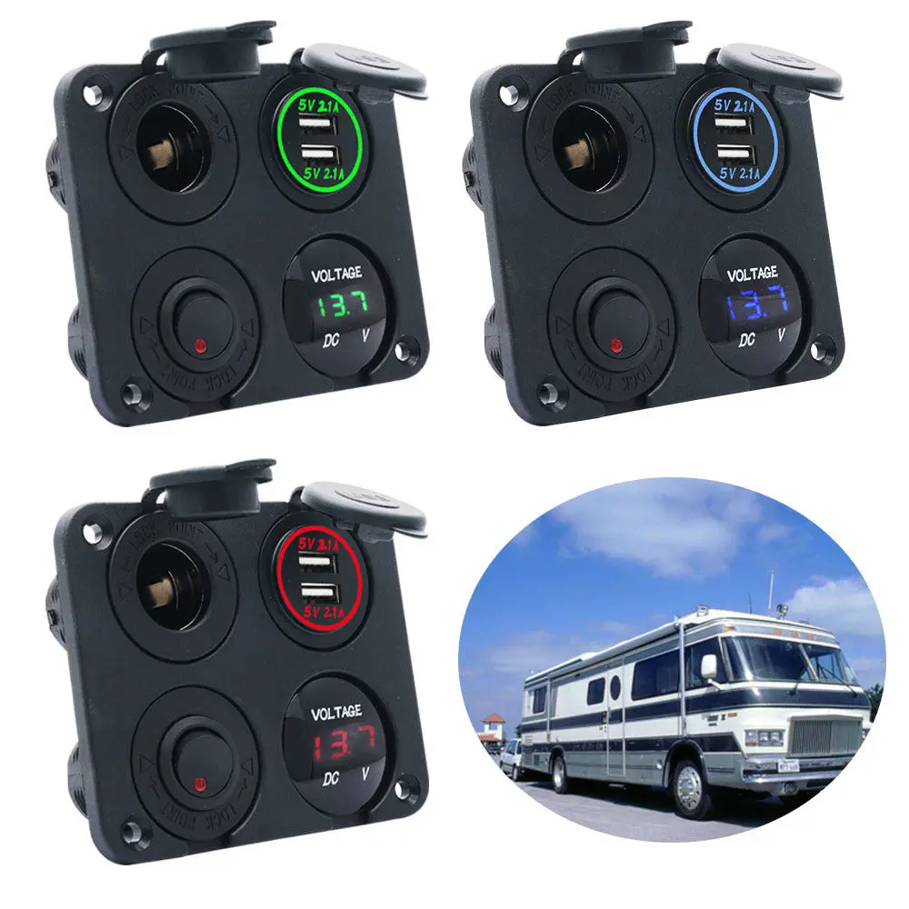 

4.2A 4Way Dual USB Charger Voltmeter Cigarette Lighter Socket Panel Boat Blue/Green/Red