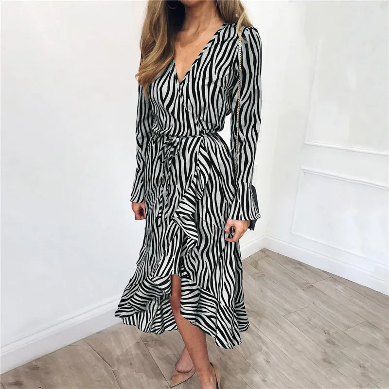 

Summer Dress Women Sexy Femme Clothes Zebra Print V-neck Chiffon Long-sleeved Dress Ladies Ruffled Trumpet Sleeve Dress Vestidos