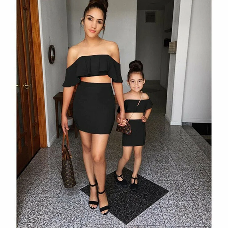 

Women Girl Clothes Sets Family Matching Outfits Kid Suit Ruffle Off Shoulder Crop Tops Mini Pencil Skirt Solid Summer Fashion