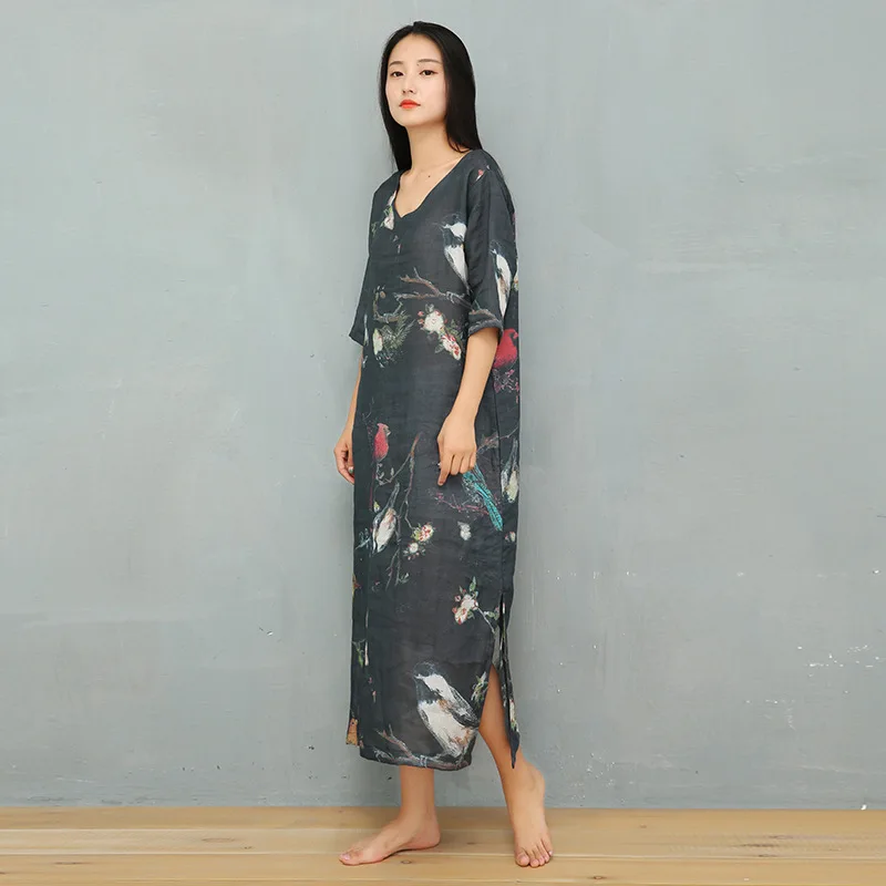 

Women Ramie Dress High Quality 2019 Autumn New Vintage O-Neck Half Sleeve lowers Print Floral Robe Casual Women Dresses Mid-calf
