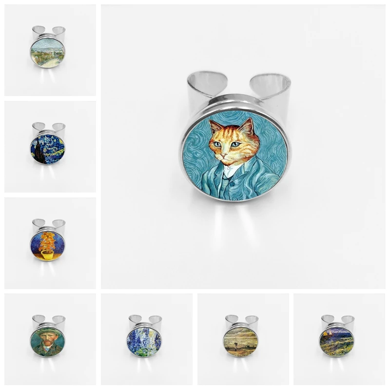 

New 3DRetro Minimalist Van Gogh Oil Painting Series Buckle Ring Starry Night Sunflower Pattern Silver Ring Handmade High Quality
