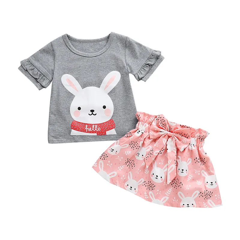 

Kids Baby Girl Easter Sets Cute Girl Lace Short Sleeve Tops Bow Belt Bunny Mini Skirt 1-5Y Summer Toddler 2Pcs Cotton Outfits