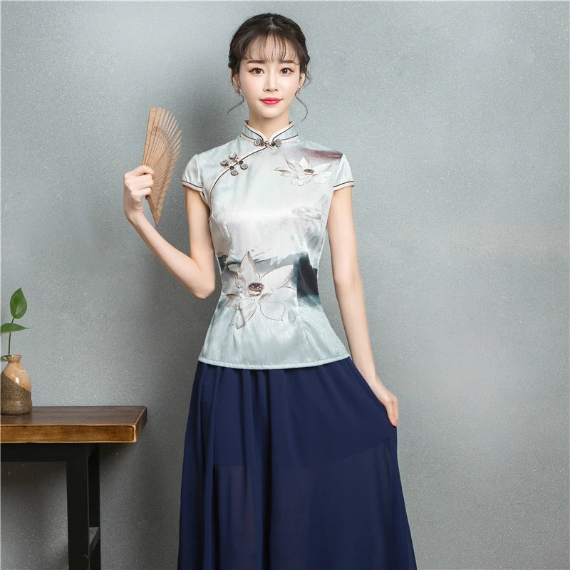 

Women Silk Vintage Chinese Tops Vetement Cheongsam Suit Literature Style Ink Printing Ancient Qipao Blouse Skirt Folk Clothes