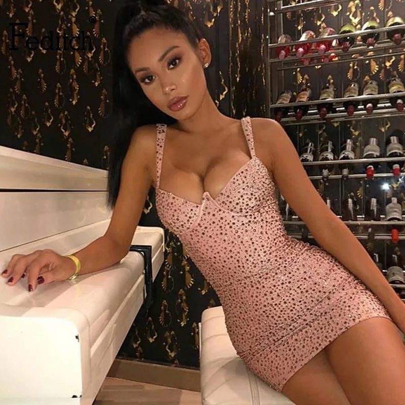 

Feditch Burned Bead Sexy Dresses Women Summer Pink Sleeveless Night Club Dress Hot Ins Short Solid Mini Vestidos Female
