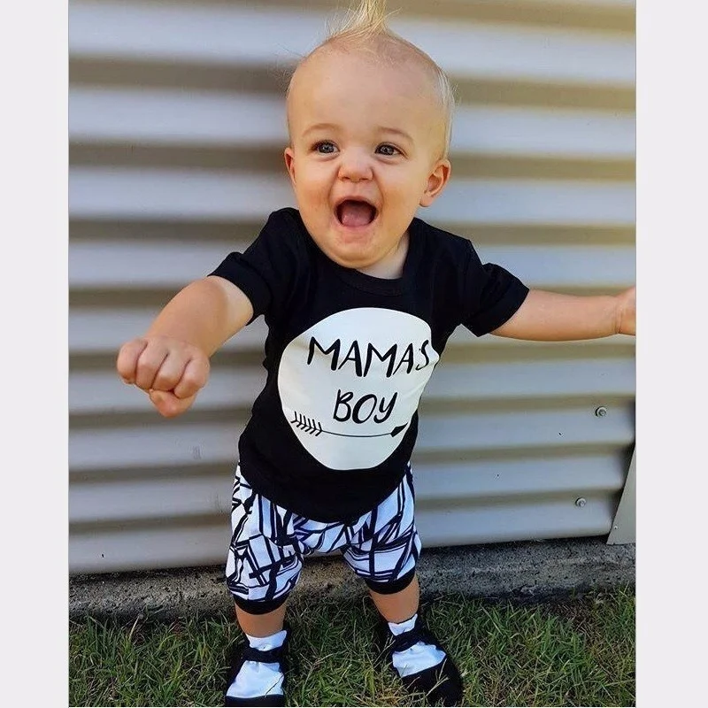 Baby Mama's Boy Pint Boys Outfit Short Sleeve T-shirt + Striped Leggings Pants Outfit Sweatsuit Set