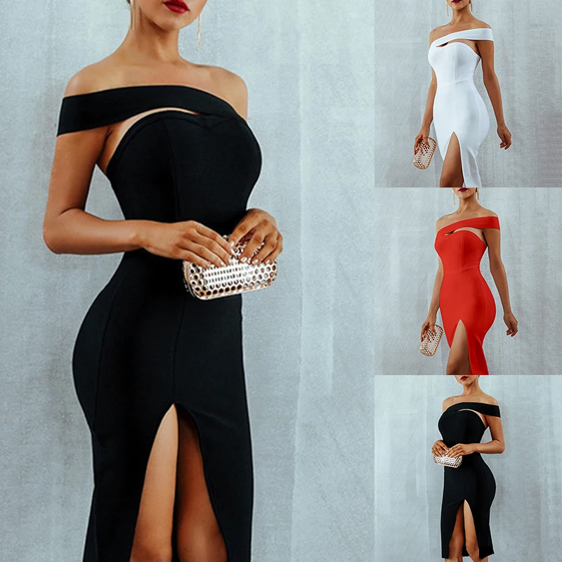 

Women Dress Cocktail High Split Lady Vestidos Off Shoulder Short Sleeves Knee Length Party Formal Dresses