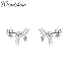 Милые 925 пробы серебряные маленькие серьги-гвоздики Unicornio Horse с винтом для женщин и девочек, детские пирсинг, ювелирные изделия Orecchini Aros
