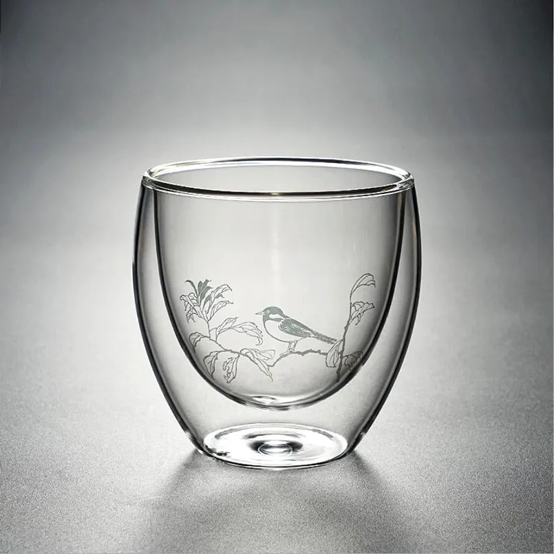 Новая стеклянная чашка с двойными стенками, 2 шт., 250 мл, термостойкая, с цветочным узором, с рисунком птицы, стекло ручной работы, пивное стекло, анти-скальдинг, пивная чашка