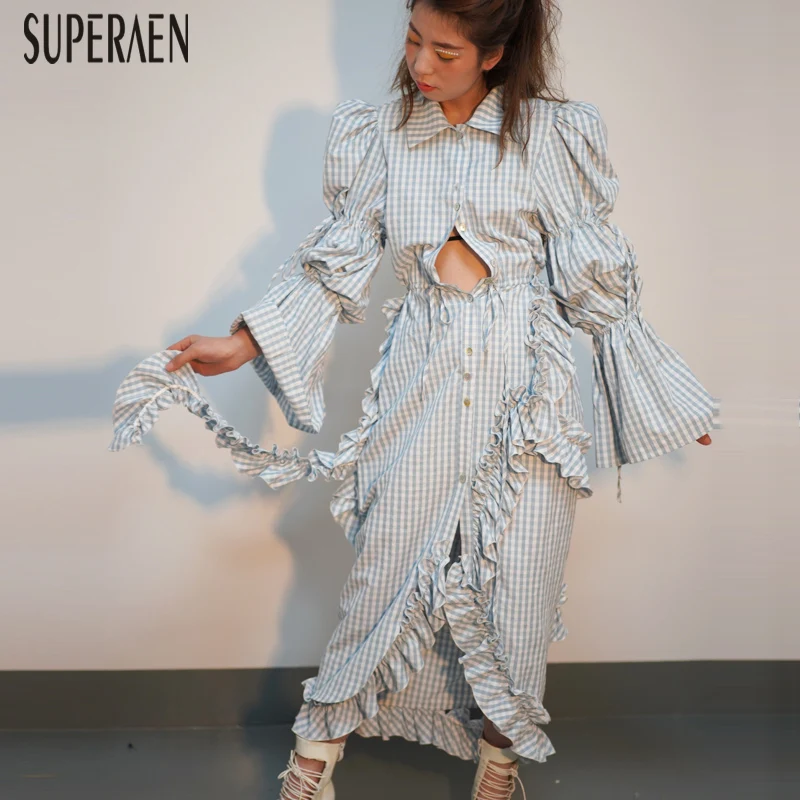 

SuperAen New 2019 Spring Fashion Women Dress Asymmetrical Cotton Wild Long Sleeve Dress Female Casual Women Clohing