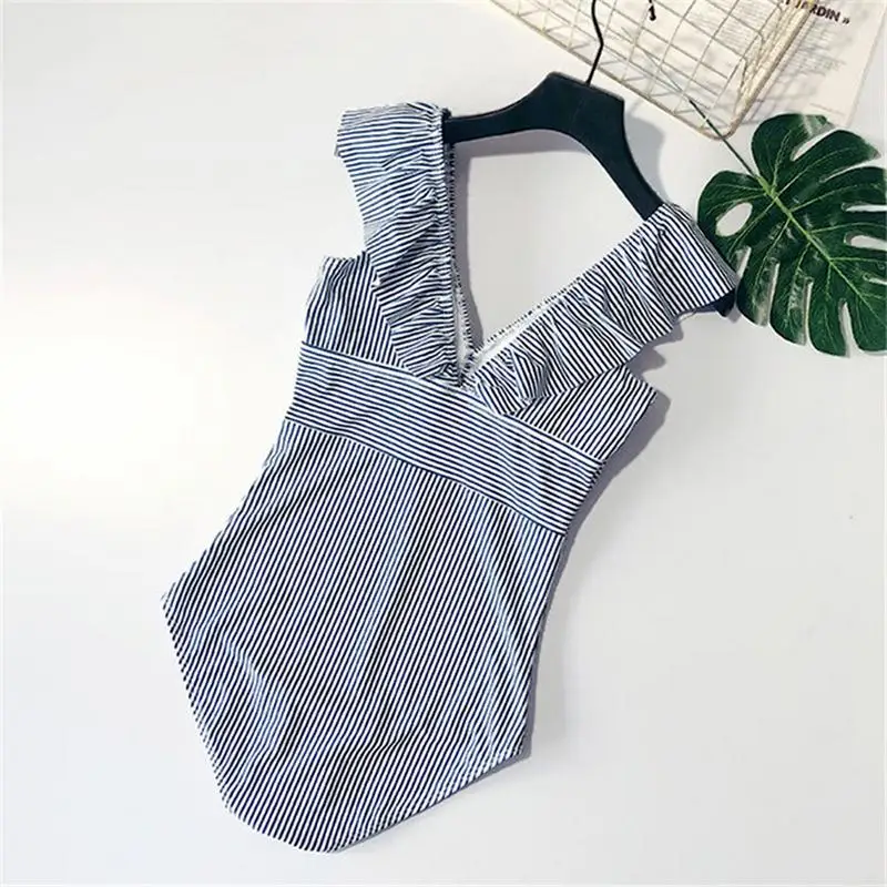 

Women's Swimwear High Waist One-Piece Bikini Striped Ruffled Bathing Suit Deep V Backless Swimsuit