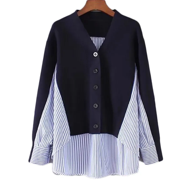 

[EWQ] 2019 New Spring Summer Fashion Woman Tops Long Sleeve Spliced Striped Fake Two Pieces V-neck blouse shirt S077