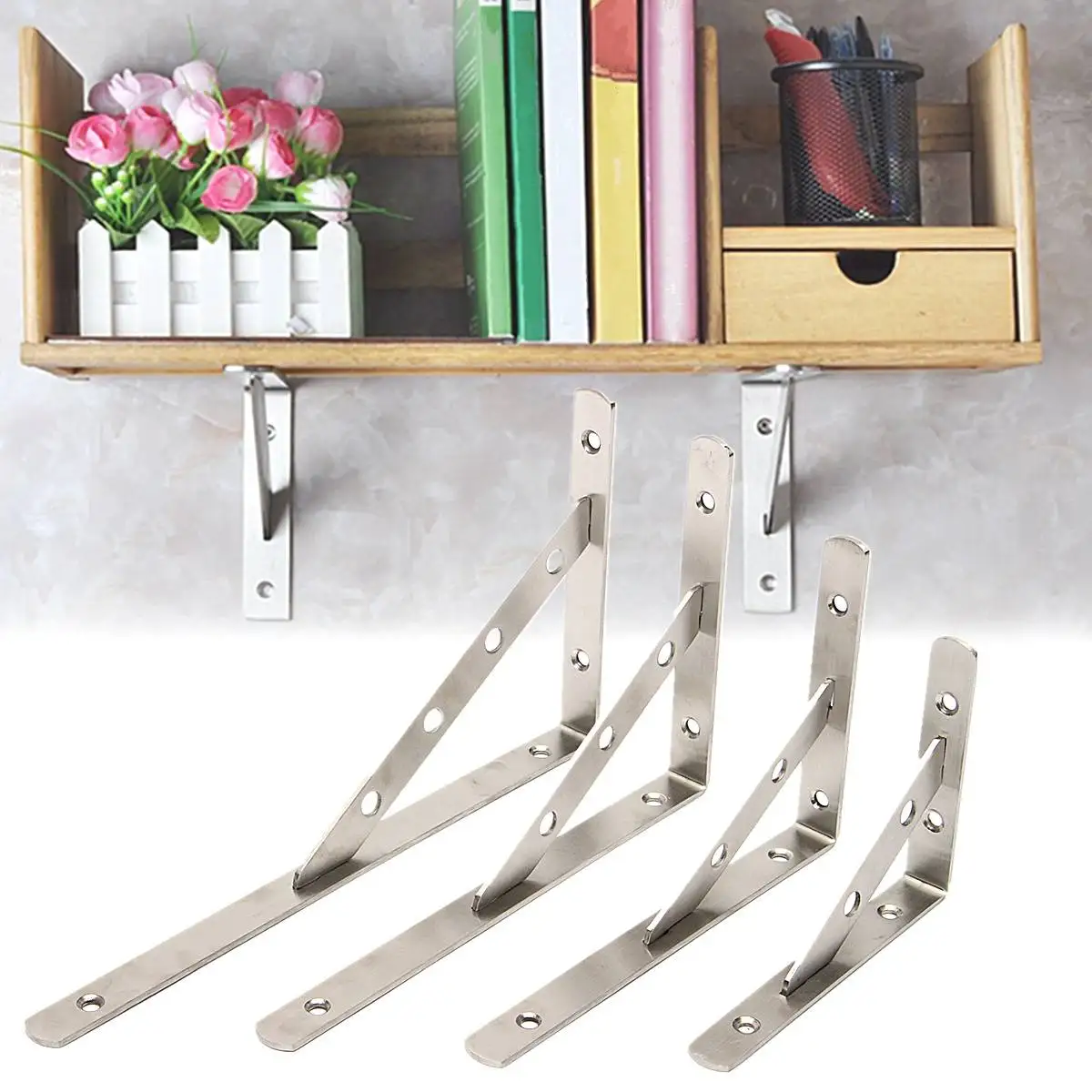 

2Pcs 6/8/10/12 inch Stainless Steel Wall Shelf Brackets Triangular Folding Bracket Metal Support Bench Table Home Folding Shelf