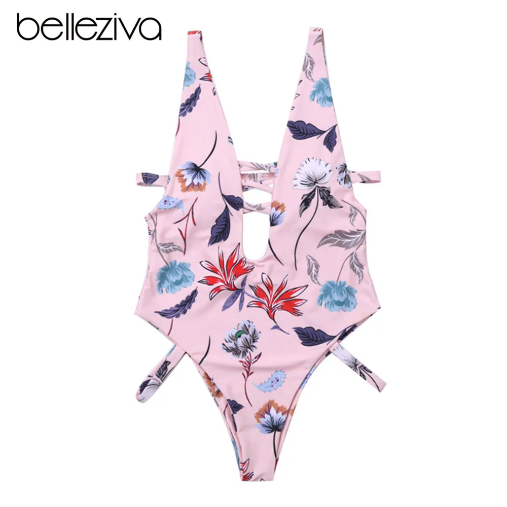 

Belleziva Printed V-Neck Halter One Piece Swimsuit Sexy Hollow Out Women Swimwear Padded Bandage Bathing Suit Female Monokinis