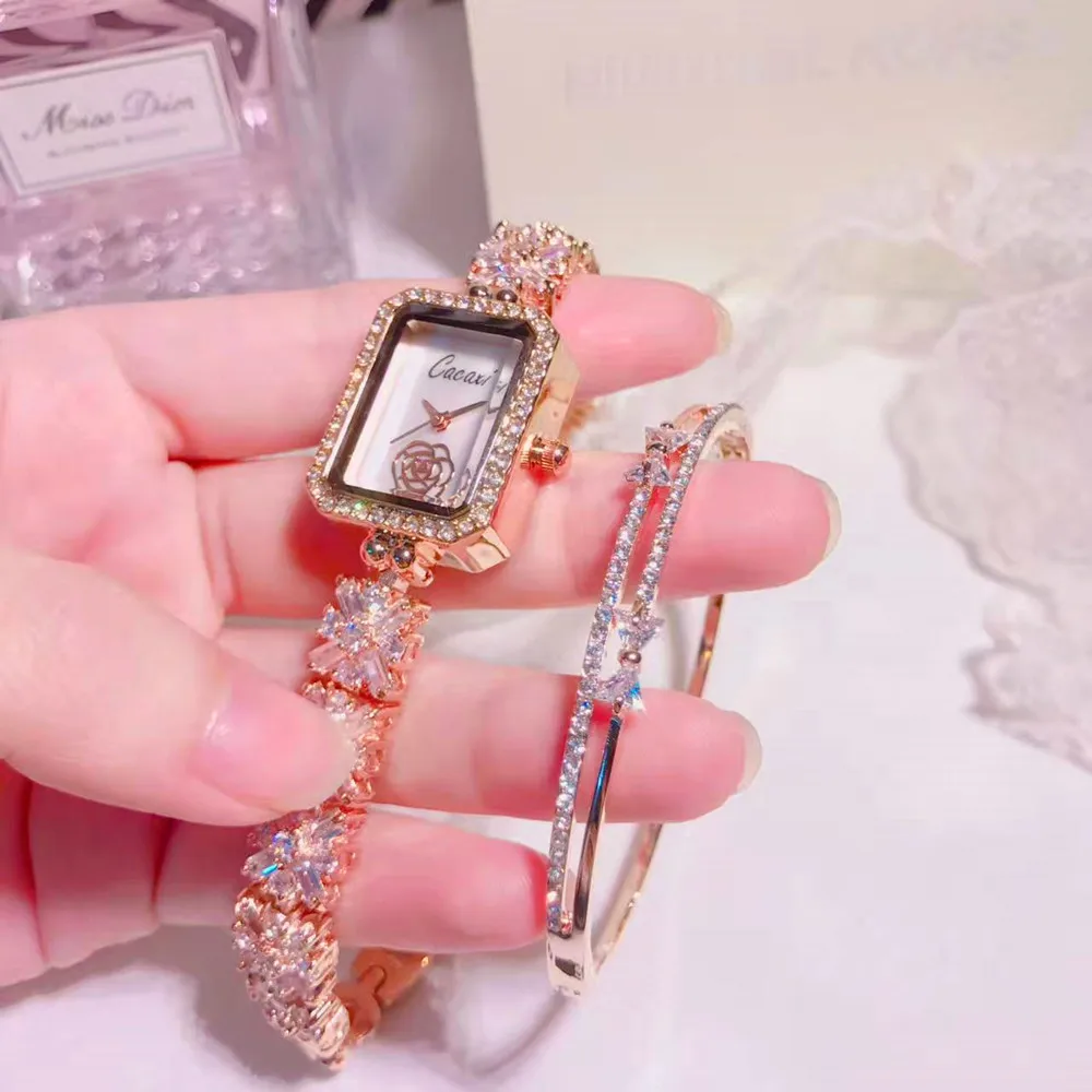 

2009 Fashion New Genuine Women's Watches with Diamond Watches, Square Rose Gold Waterproof Fashion Watches