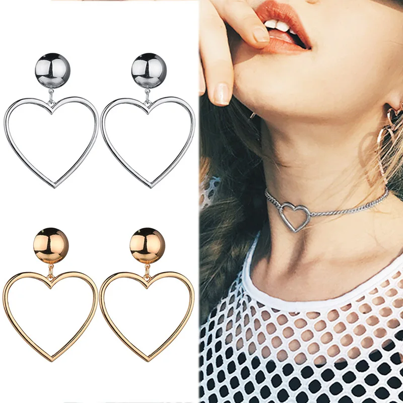 

1Pair Simple Statement Long Drop Earrings Gift Silver Golden For Women Girl Dangle Earring Big Hollow Love Heart