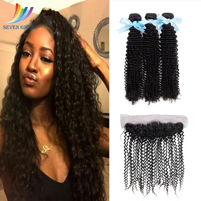 

Sevengirls Peruvian Natural Color Kinky Curly 100% Virgin Human Hair 3Bundles With 13*4 Lace Frontal Raw Hair For Women