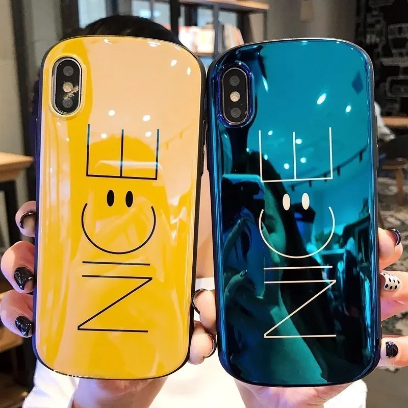 

Luxury Tempered Glass Case For iPhone 7 8 Plus Silione TPU Clear Yellow Phone Case For iPhone X XR XS XS Max Smile Funda Coque